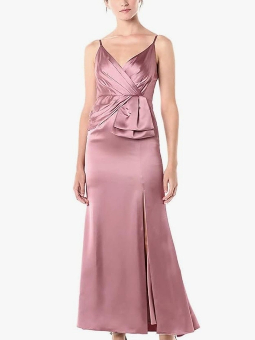 Mauve Satin V-Neck Maxi Dress with Side Drape
